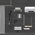 Modern Shower Head with Bathroom Accessories Including Shower Curtain Towel Rack and Sink Basin