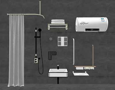 Modern Shower Head with Bathroom Accessories Including Shower Curtain Towel Rack and Sink Basin 3d model