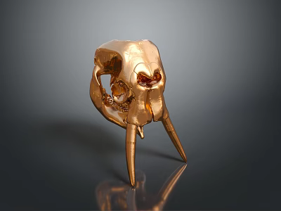 Golden Animal Skull Decorative Piece With Shiny Surface Textured Details And Reflection In Dark Background 3d model