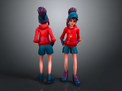 3D Character Model With Purple Hair Red Hoodie Blue Shorts Blue Shoes Front Back View 3d model
