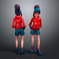 3D Character Model With Purple Hair Red Hoodie Blue Shorts Blue Shoes Front Back View