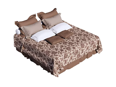 Double Bed With Brown And Beige Patterned Bedding And Pillows In Bedroom 3d model