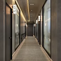 Modern Hot Pot Restaurant Corridor With Strip Lighting Gray Walls Tile Floor And Glass Doors