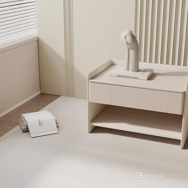 Modern Light Colored Bedside Table With Sculpture Drawer Shelf And Book 3d model