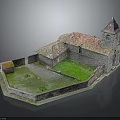 Historical Stone Building Model With Red Tiled Roof Tower Spire And Green Grass Courtyard