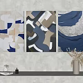 Three Abstract Paintings With Geometric Patterns Blue Beige Tones Wall Decor And Vase 3d model