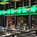 Vibrant Restaurant Interior With Neon Lights Large LED Screen Greenery And Dining Tables 3d model