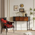 Elegant Entryway Console Table With Red Patterned Armchair Framed Artworks And Table Lamp 3d model
