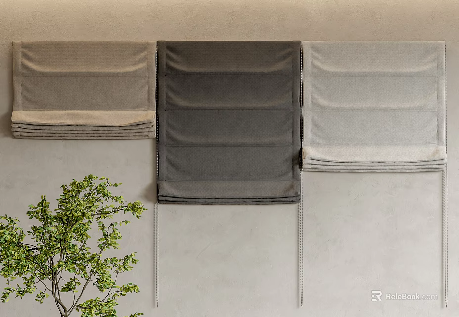 Fabric Curtains in Different Gray Tones Displayed on Beige Wall with Green Plant Accent 3d model 