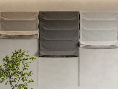 Fabric Curtains in Different Gray Tones Displayed on Beige Wall with Green Plant Accent 3d model