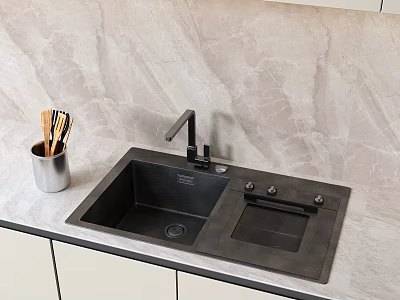 Modern Black Double Basin Kitchen Sink With Stone Countertop Faucet And Utensil Holder 3d model