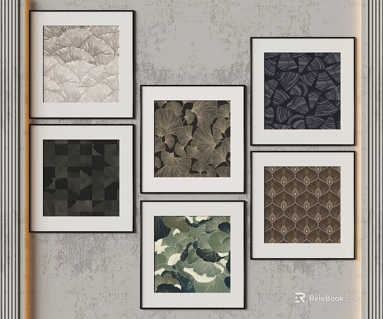 Photo Wall With Six Square Framed Decorative Paintings Various Texture Patterns Gray Background Interior Decor 3d model