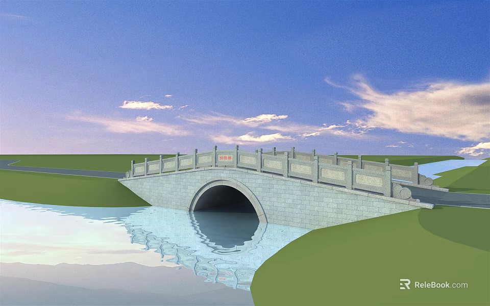 Scenic Stone Arch Bridge Over River With Water Reflection And Green Grass 3d model 