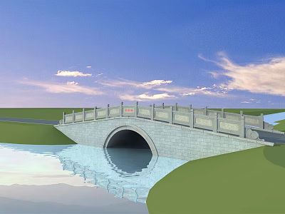 Scenic Stone Arch Bridge Over River With Water Reflection And Green Grass 3d model