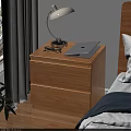 Wooden Two Drawer Nightstand With Laptop Glasses Table Lamp by Bed Near Curtains and Plant
