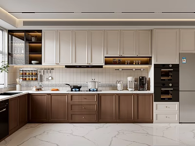 Modern Kitchen Interior with Island Countertop Two Tone Cabinets and Stainless Steel Appliances 3d model