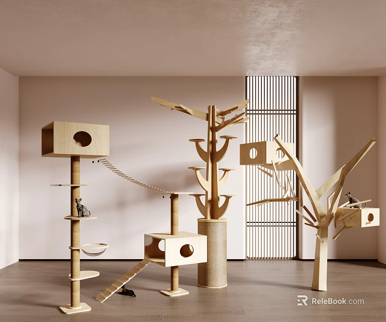 Wooden Cat Trees With Various Platforms Treehouse Houses And Rope Bridges For Indoor Pet Play 3d model 