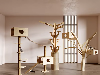 Wooden Cat Trees With Various Platforms Treehouse Houses And Rope Bridges For Indoor Pet Play 3d model