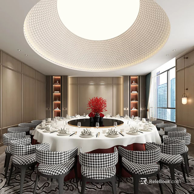 Luxurious Private Dining Room With Round Table White Tablecloth And Checkered Chairs 3d model
