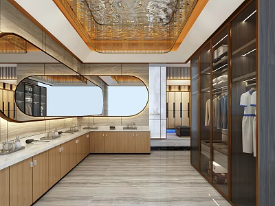 Modern Walk in Closet Interior With Mirrored Surfaces Wooden Cabinets And Glass Door Wardrobes 3d model