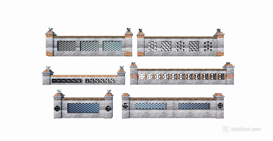 Different Decorative Feature Wall Designs With Brick Patterns And Ornamental Details 3d model