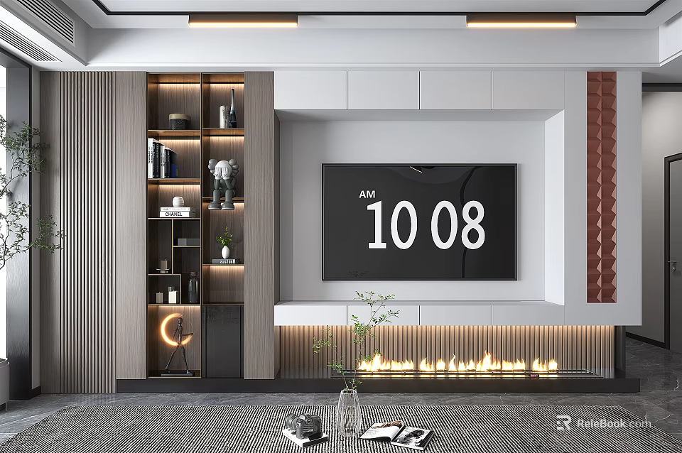 Modern TV Background Wall Design With LED Lighting Wooden Cabinets And Fireplace 3d model 