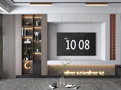 Modern TV Background Wall Design With LED Lighting Wooden Cabinets And Fireplace 3d model
