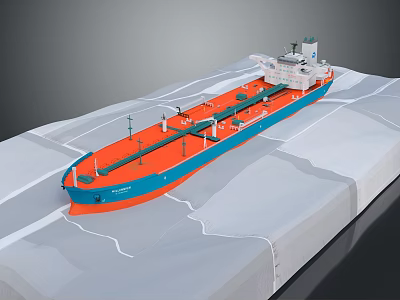 Orange and Blue Tanker Ship Model with Hull Deck on White Terrain Base 3d model