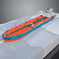 Orange and Blue Tanker Ship Model with Hull Deck on White Terrain Base