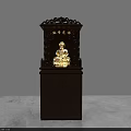 Wooden Buddhist Shrine Cabinet With Carved Design And Golden Buddha Statue