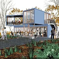 Modern Container Building With Open Design Trees and People Gathering in Evening Lighting