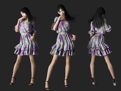 Three Women in Colorful Dress Posing from Different Angles on Black Background with High Heels 3d model