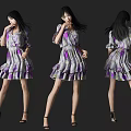 Three Women in Colorful Dress Posing from Different Angles on Black Background with High Heels