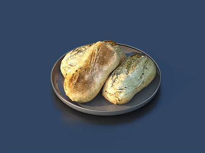 Two Loaves of Golden Crusty Freshly Baked Bread on a Round Plate 3d model