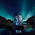 Sleek Gaming PC Case On Rock With Water Plants And Aurora Background