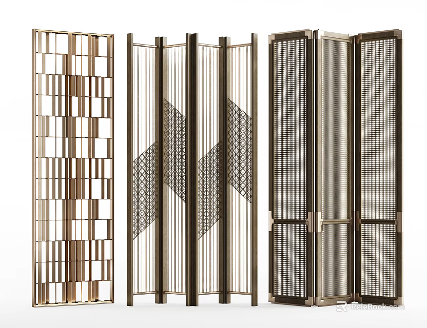 Modern Decorative Room Divider Screens With Geometric Patterns And Metal Frames 3d model