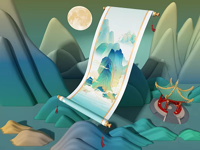 Art Installation Featuring Traditional Chinese Scroll With Landscape Painting Moonlit Mountains And Pavilion 3d model