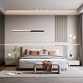 Modern Bedroom Interior With Comfortable Bed Bedside Tables Bench And Pendant Lighting 3d model