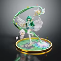 Green Haired Winged Character And Small White Creature With Glowing Staff On Golden Circular Base