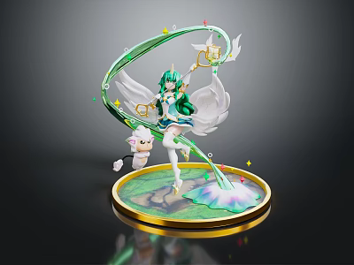 Green Haired Winged Character And Small White Creature With Glowing Staff On Golden Circular Base 3d model