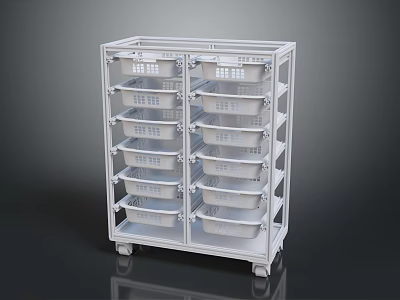 Practical White Rolling Storage Furniture with Multiple Baskets and Shelves 3d model