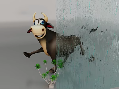 Cartoon Reptile Lizard Half Gray Background Half Rainy Glass With Small Potted Plant 3d model