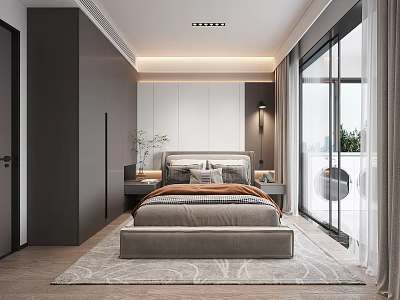 Modern Bedroom Interior Design With Comfortable Bed Nightstands Wardrobe And Floor To Ceiling Windows 3d model