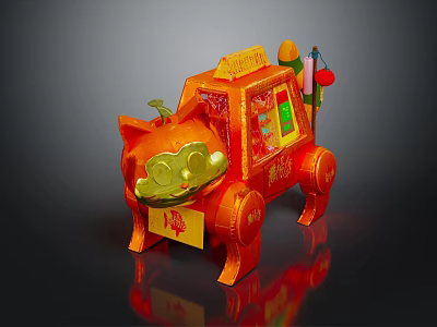 Orange And Gold Pig Shaped Playground Equipment With Decorative Flags And Golden Details 3d model