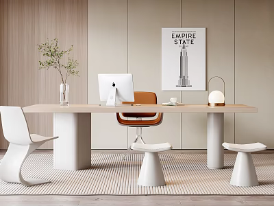 Modern Minimalist Table And Chair Set With Plant Lamp Poster Computer And Stools 3d model