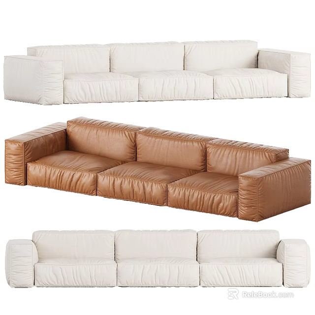 Modern Modular Sectional Sofa with White Fabric and Brown Leather Design 3d model