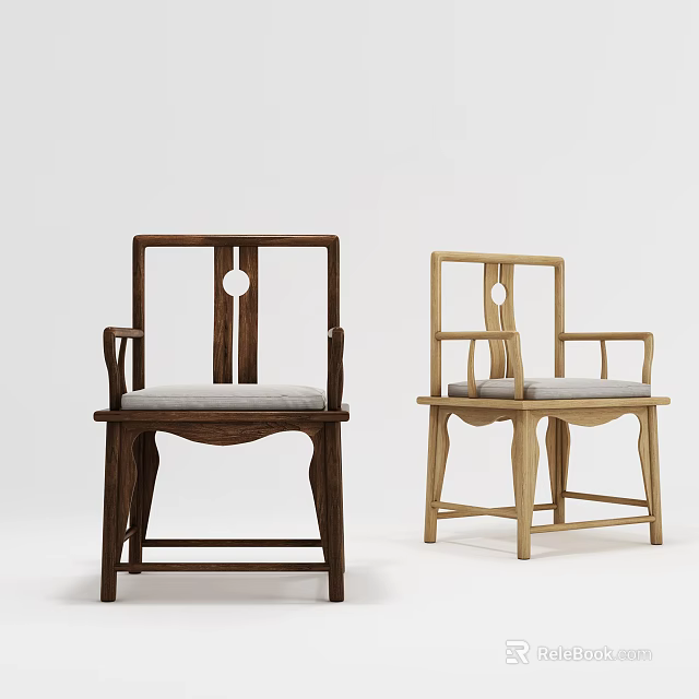 Two Traditional Chinese Wooden Armchairs with Round Backrest and Gray Cushion 3d model 
