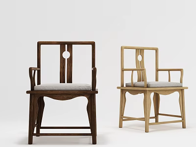 Two Traditional Chinese Wooden Armchairs with Round Backrest and Gray Cushion 3d model
