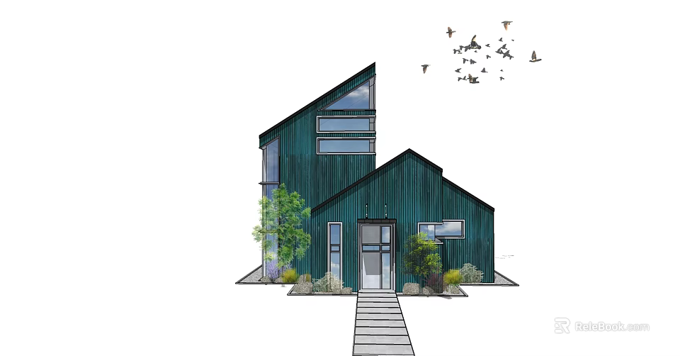 Green Modern House With Sloped Roof Stone Path Small Trees And Flying Birds 3d model 