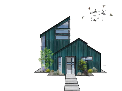 Green Modern House With Sloped Roof Stone Path Small Trees And Flying Birds 3d model